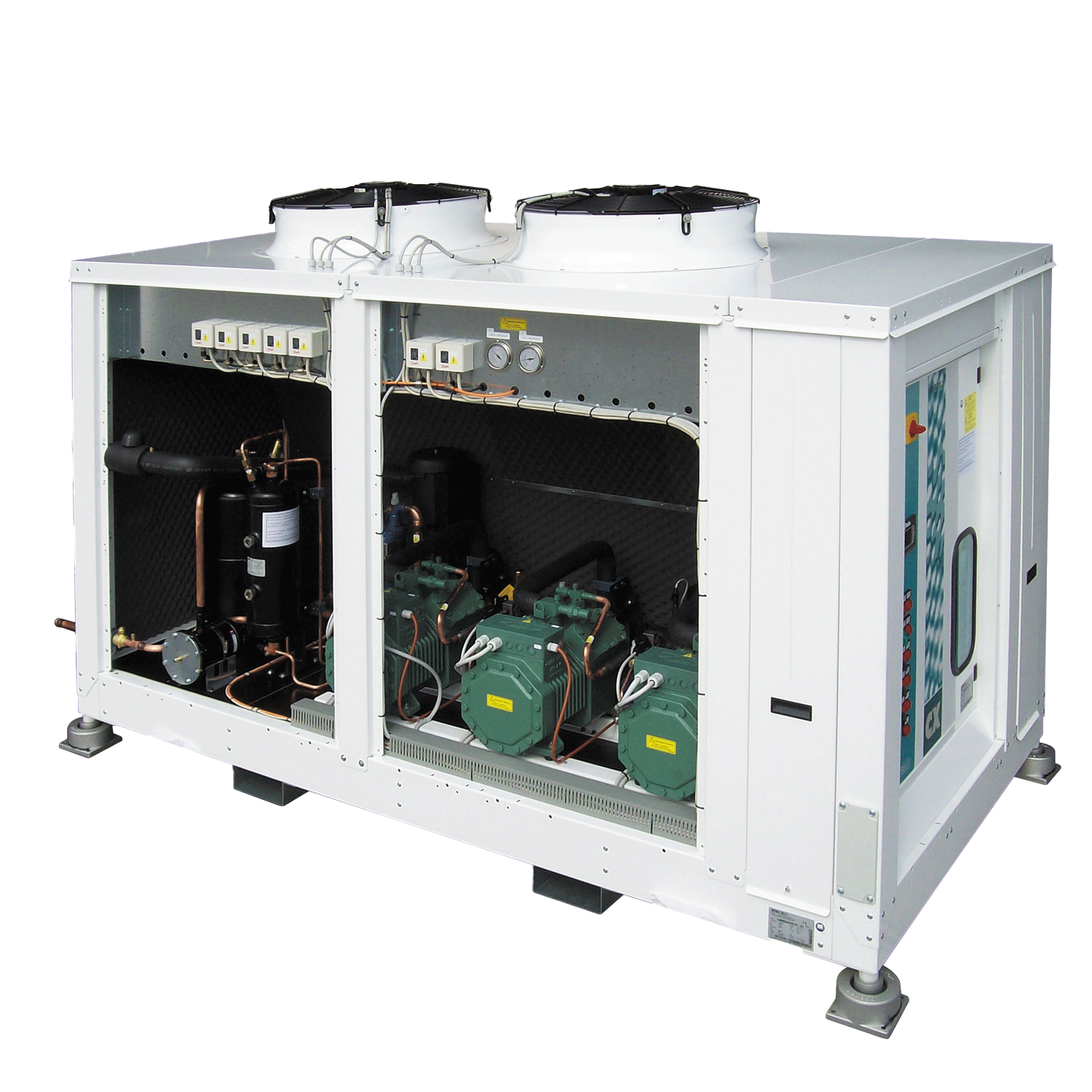 CX-B-EC-12: Multi Compressor Packs with 3 x Bitzer reciprocating compressors, EC fan, sound insulation and built-in condenser – R134a/R513A/R449A